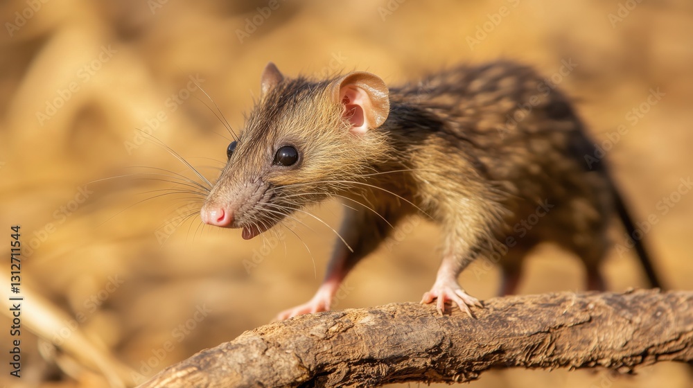 young opossum with whiskers balancing on a dry branch in warm golden light against soft blurry background concept of wildlife, nature, conservation young opossum with whiskers balancing on a dry branch in warm golden light against soft blurry background concept of wildlife, nature, conservation