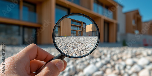 Una lupa sobre un edificio de viviendas. Concepto crisis inmobiliaria y escasez de casas
