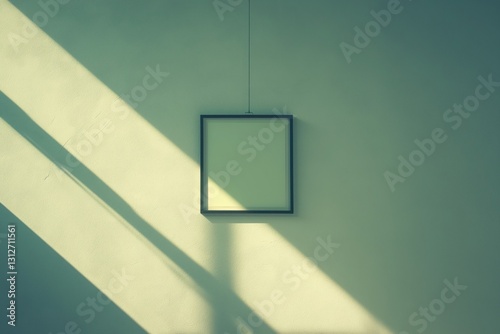 blank black photo frame hanging on minimalist pastel green wall with long dramatic shadows providing empty space concept of interior design, branding, art