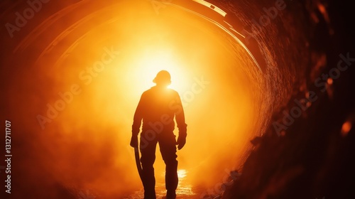 silhouette of industrial worker walking through fiery tunnel with dramatic backlight emanating intense heat concept of manufacturing, construction, mining