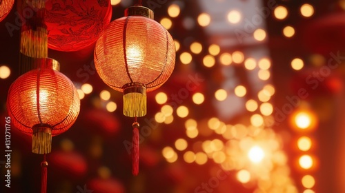 traditional red lanterns illuminating a festive scene with vibrant golden bokeh lights creating warm ambiance concept of holiday, culture, celebration