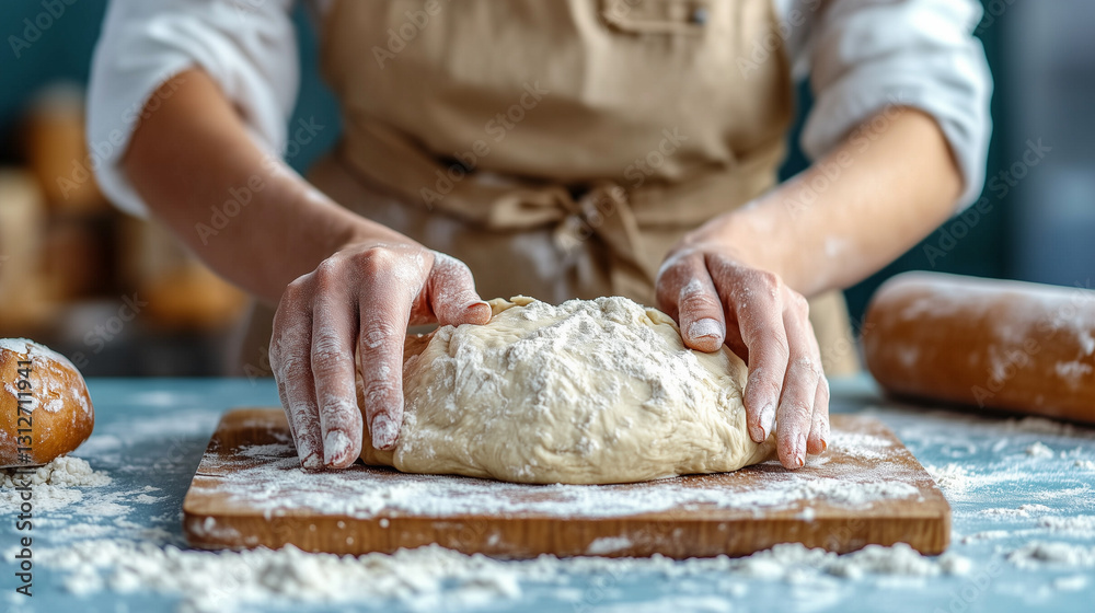 Una mujer amasando una masa de pan con masa madre con sus propias manos Una mujer amasando una masa de pan con masa madre con sus propias manos