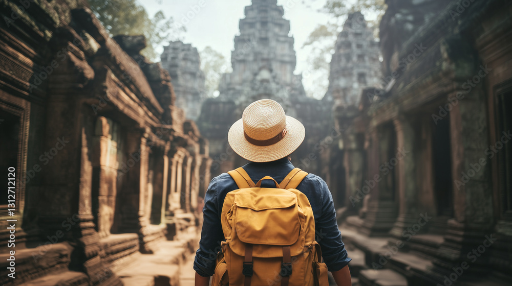 Fototapeta premium Turista explorador con mochila y gorro caminando entre ruinas