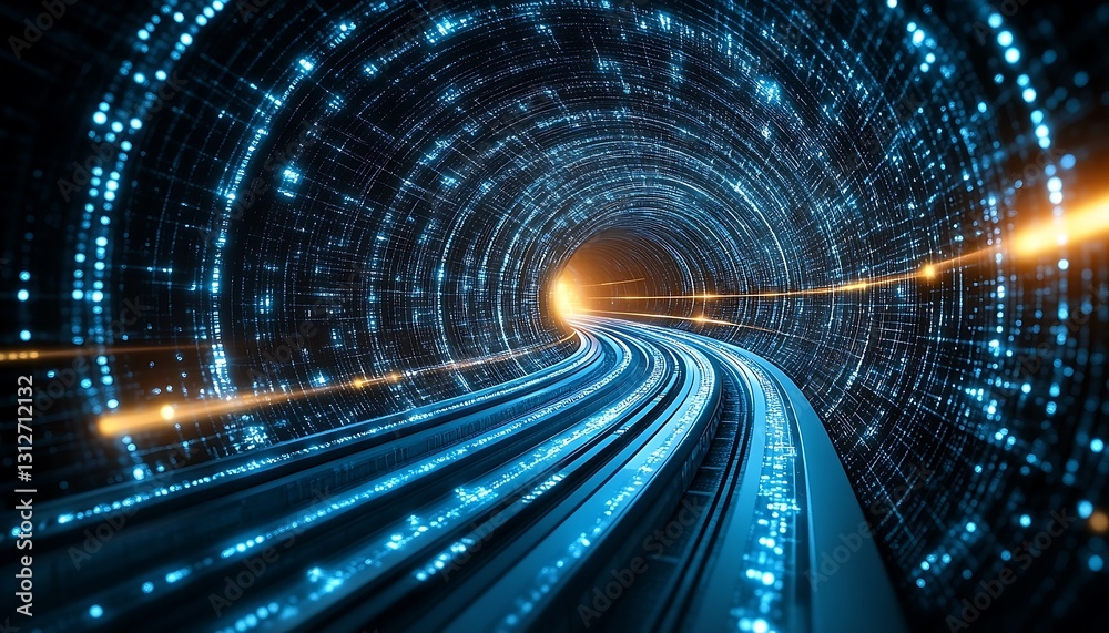 Naklejka premium Abstract Digital Tunnel with Glowing Blue and Orange Lights