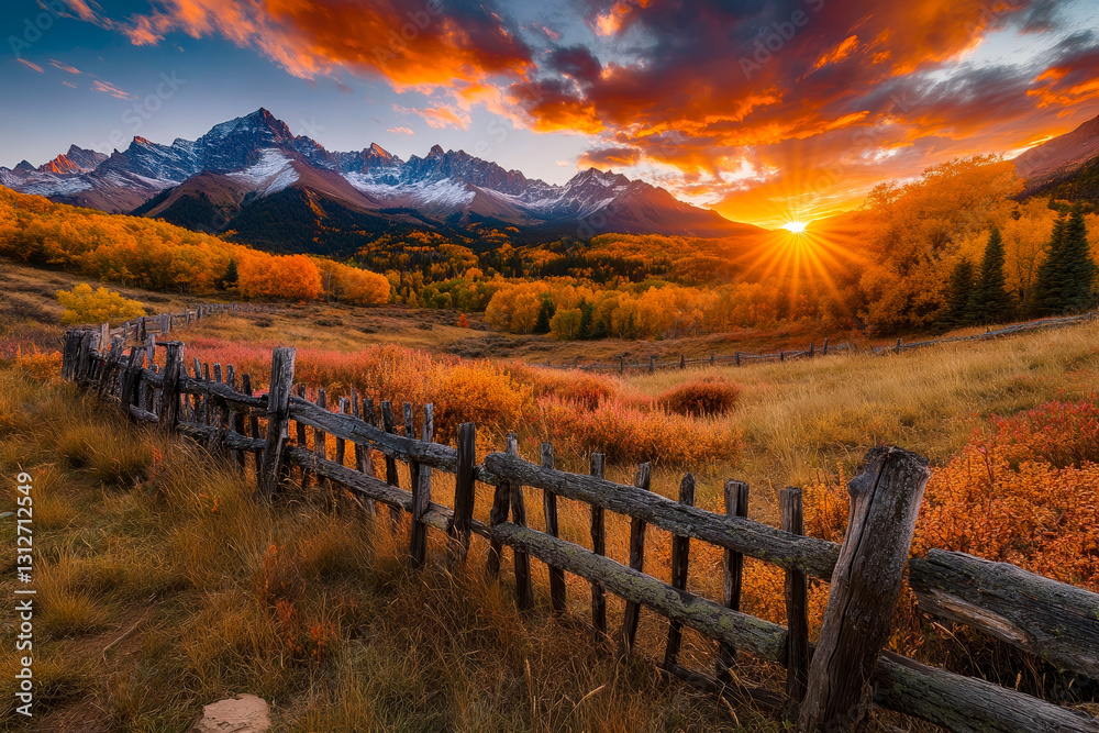 Fototapeta premium A wooden fence in a grassy field with mountains in the background