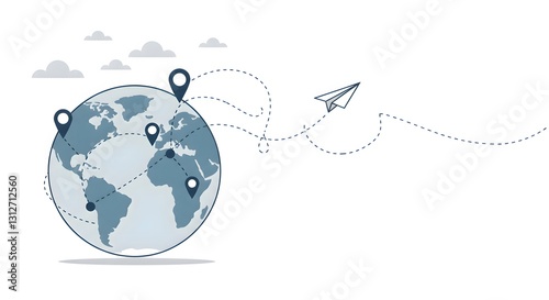 Global Communication and Travel Concept with Paper Airplane and Location Markers