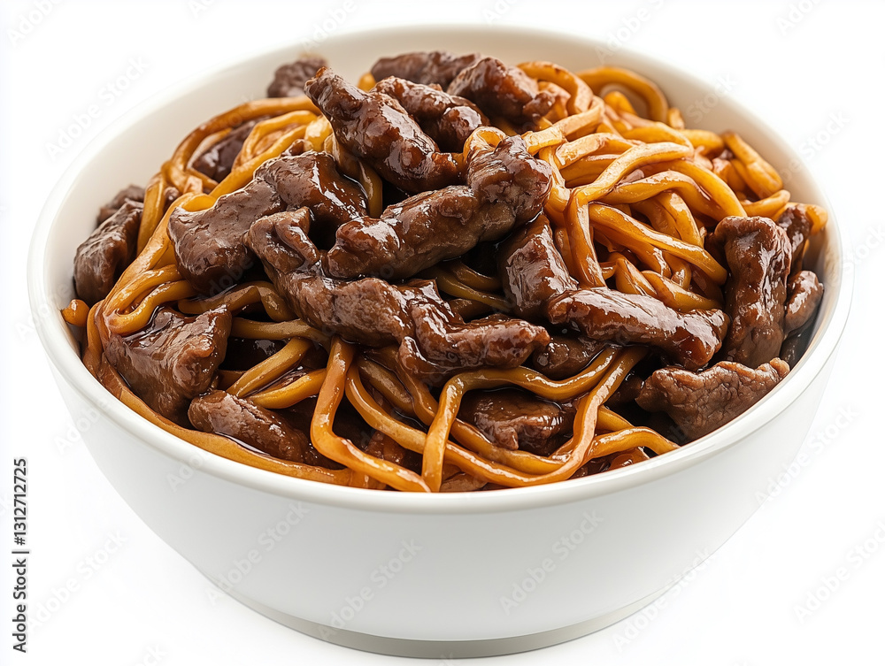 Realistic view of Lo mein noodles, white background, photorealistic food Realistic view of Lo mein noodles, white background, photorealistic food