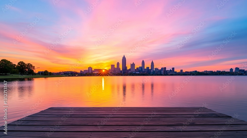 Fototapeta premium City skyline reflecting in calm water during a colorful sunset