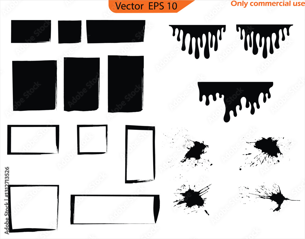 Set of grunge banners with ink splashes. 	
Black paint, ink brush strokes, brushes, lines set. Ink brush strokes bundle. Brush strokes text boxes. Vector paintbrush set. Grunge design elements. 