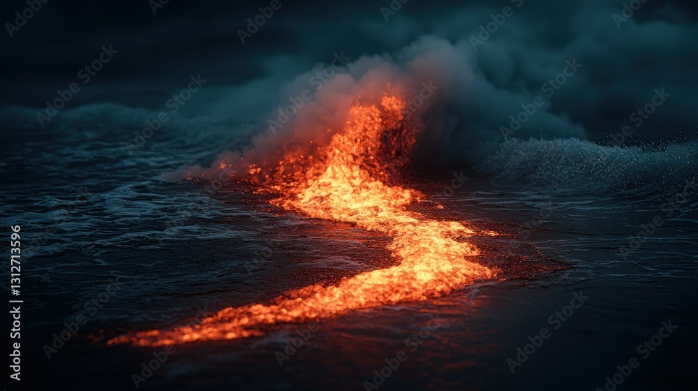 Fototapeta premium Molten lava flows into ocean at night, creating steam