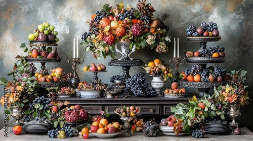 Wallpaper Mural Autumnal fruit still life, ornate table, dark background, harvest abundance, Thanksgiving decor Torontodigital.ca