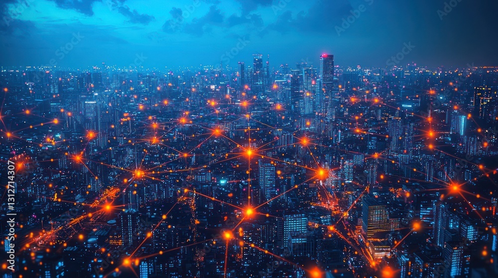 Obraz premium City network at night, aerial view, digital illustration