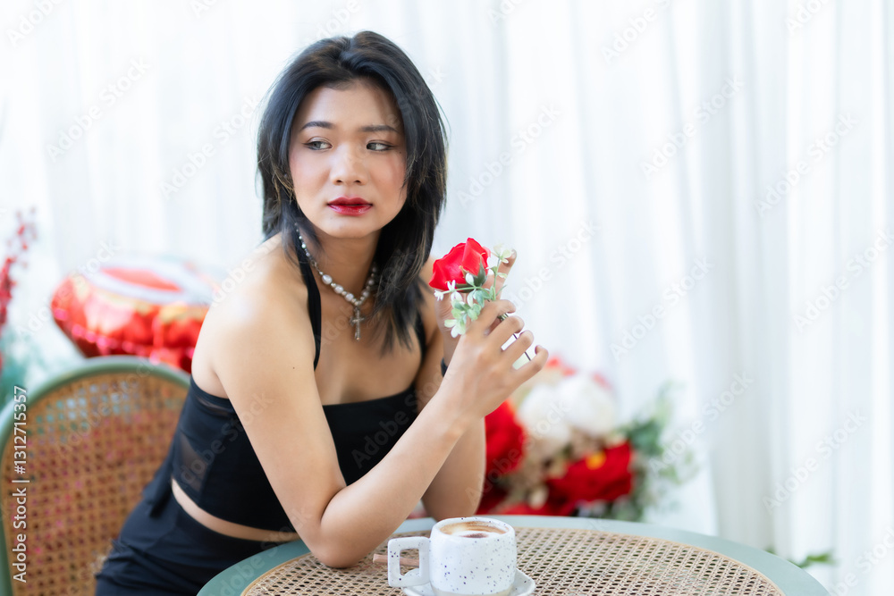 valentine's day, Portrait beautiful asian people woman fashion model in summer Black dress and coffee in cup holding bouquet of red roses in the living room inside or cafe