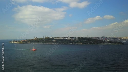 Aerial of the Old Istanbul Peninsula in panoramic view. Left to right Blue Mosque, Hagia Sophia, Topkapi Palace and Suleymaniye Mosque seen from above
