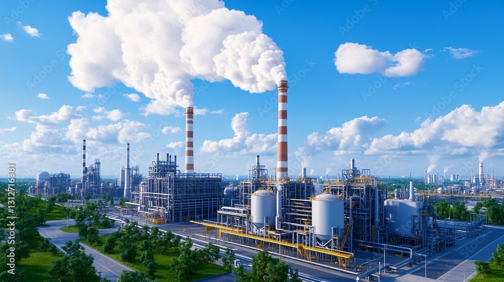 A large industrial factory complex emitting clouds into a blue sky A large industrial factory complex emitting clouds into a blue sky