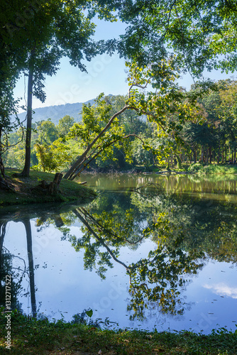 Obraz na płótnie a public place leisure travel landscape lake views at Ang Kaew Chiang Mai University and Doi Suthep nature forest Mountain views spring cloudy sky background with white cloud. w salonie