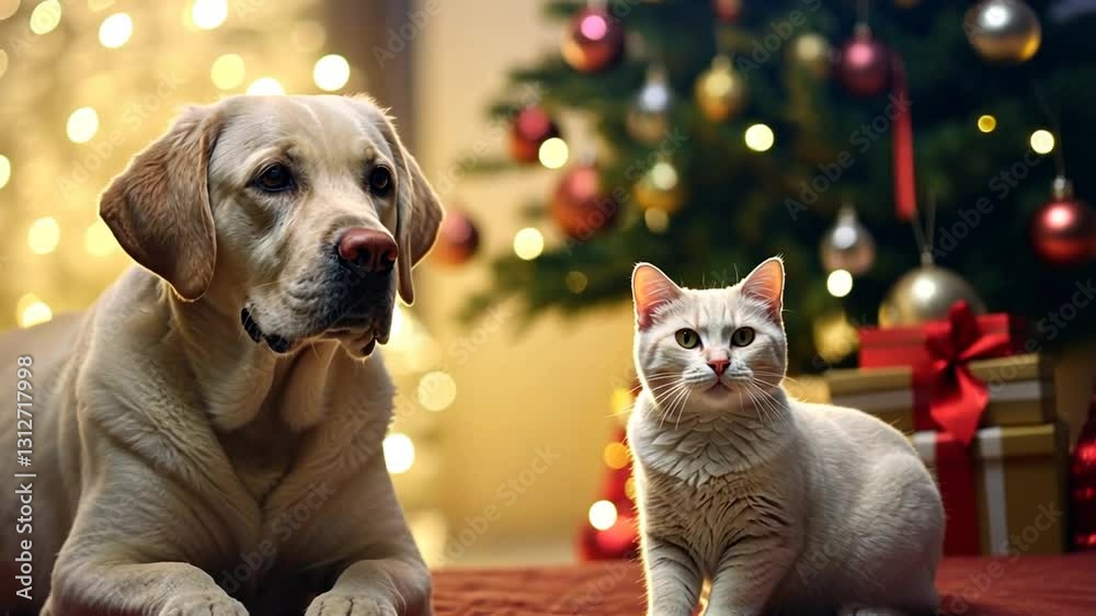 Hund und Katze vor Weihnachtslichtern