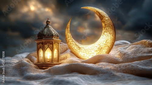 Islamic lantern with crescent moon, dramatic sky. Use for Ramadan photo