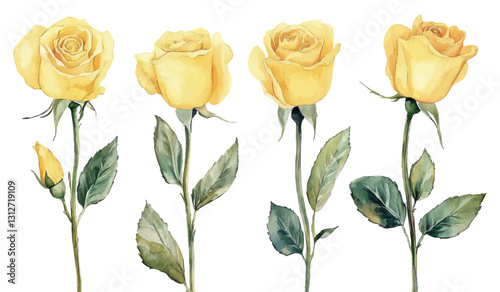 Watercolor Illustration of Yellow Roses with Green Leaves on White Background