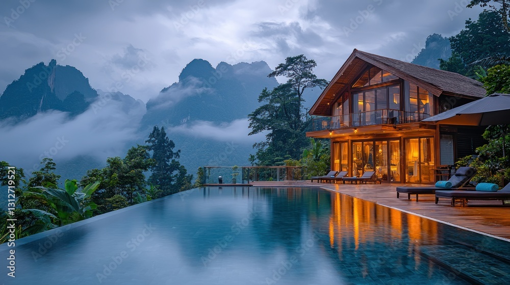 Obraz premium Mountaintop villa with infinity pool, nighttime view