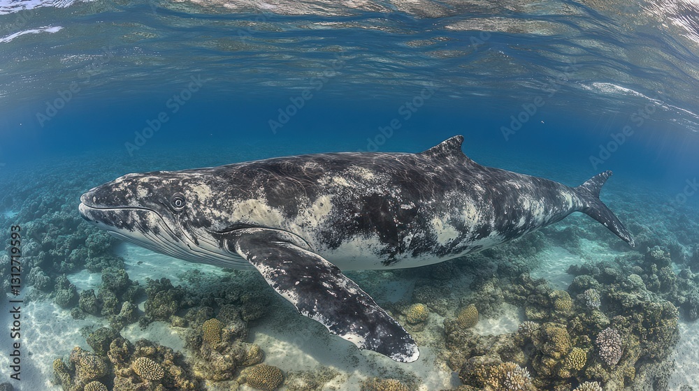 Naklejka premium Whale swimming coral reef shallows ocean background