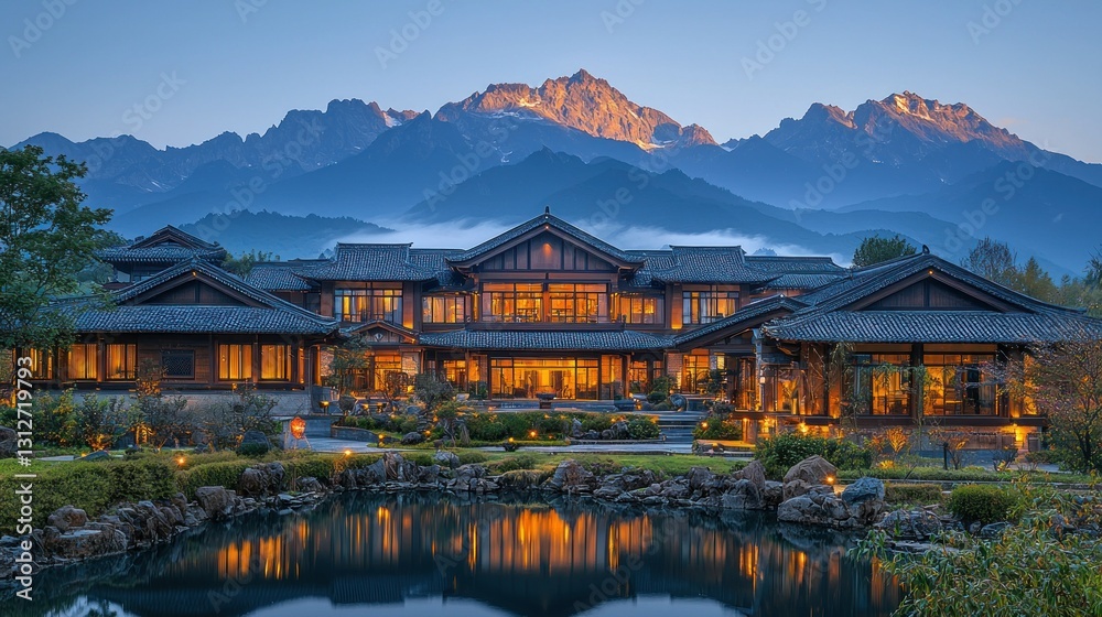 Fototapeta premium Mountaintop luxury resort at dawn, reflecting pond