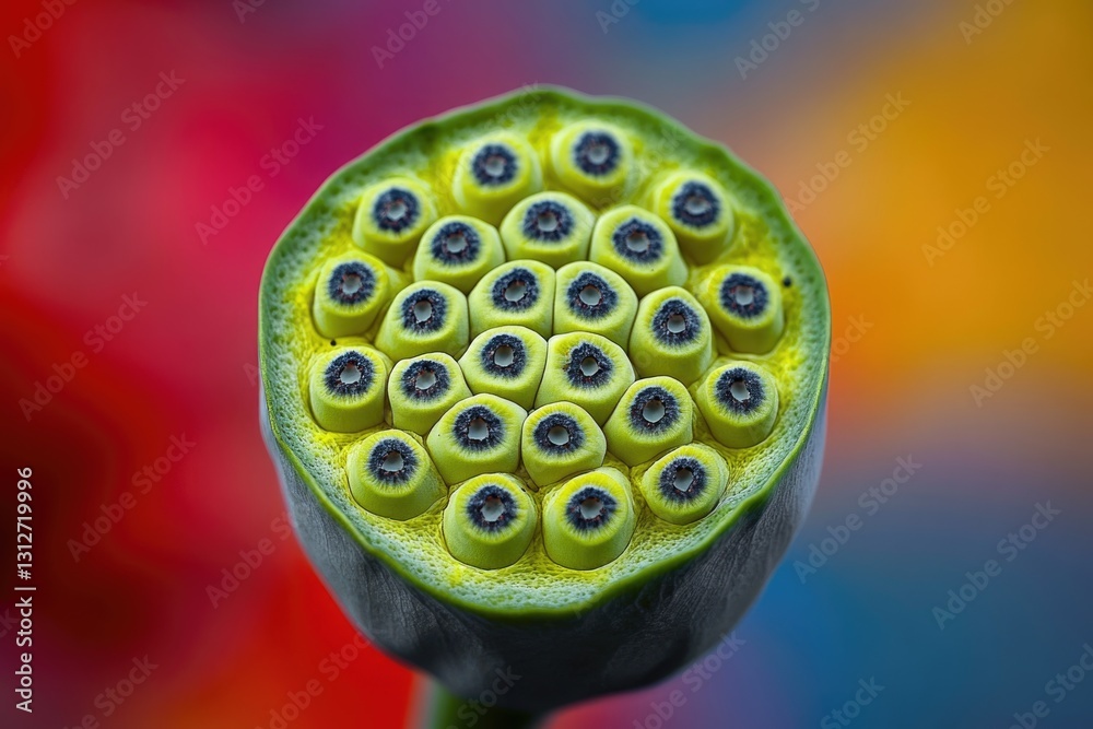 Close-up of a lotus seed pod revealing its intricate structure and vibrant colors. Close-up of a lotus seed pod revealing its intricate structure and vibrant colors.