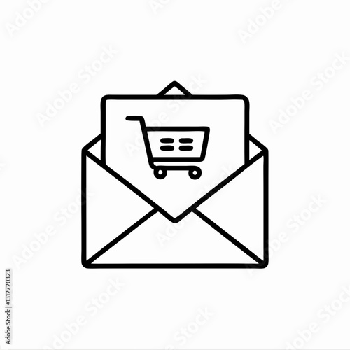 Opened envelope reveals shopping cart icon on paper inside. Line drawing illustrates e-commerce notification in simple style. Digital marketing concept for email campaigns, order confirmations