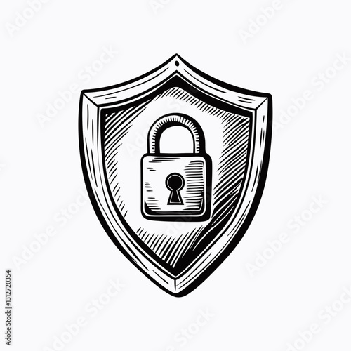 Vintage sketch of shield protects detailed padlock in center. Hand-drawn black and white illustration emphasizes security barrier. Cybersecurity concept for data protection, privacy, digital safety.