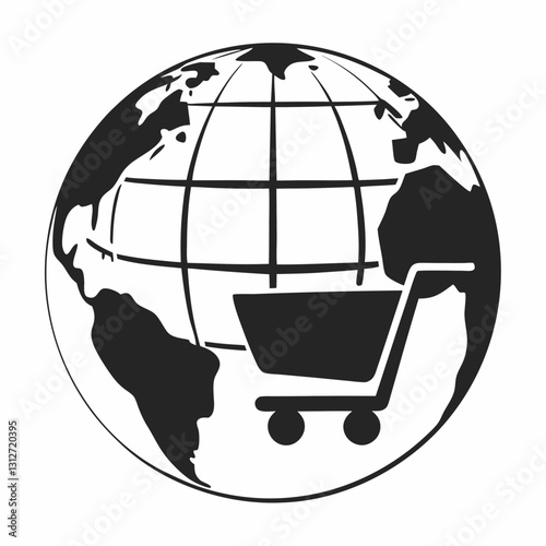 Shopping cart over globe icon illustrates global ecommerce, international retail and worldwide logistics. Concept: global trade, ecommerce networks, marketplace outreach
