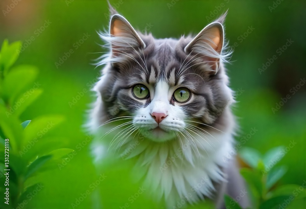 A Fluffy Gray and White Cat with Heterochromia Staring Curiously at the Camera Behind Lush Green Leaves in a Sunlit Garden A Fluffy Gray and White Cat with Heterochromia Staring Curiously at the Camera Behind Lush Green Leaves in a Sunlit Garden