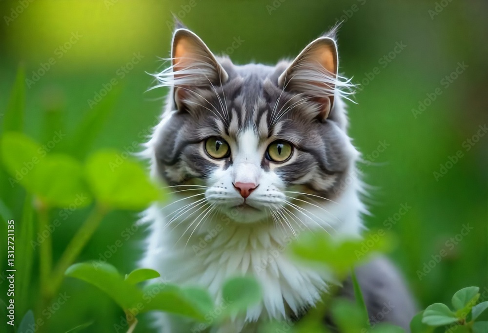A Fluffy Gray and White Cat with Heterochromia Staring Curiously at the Camera Behind Lush Green Leaves in a Sunlit Garden A Fluffy Gray and White Cat with Heterochromia Staring Curiously at the Camera Behind Lush Green Leaves in a Sunlit Garden