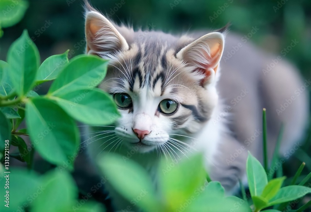 A Fluffy Gray and White Cat with Heterochromia Staring Curiously at the Camera Behind Lush Green Leaves in a Sunlit Garden A Fluffy Gray and White Cat with Heterochromia Staring Curiously at the Camera Behind Lush Green Leaves in a Sunlit Garden