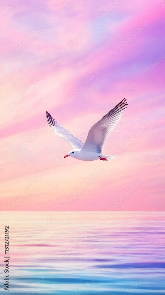 Obraz premium Graceful white seagull gliding over pastel-hued ocean, silhouetted against vibrant sunset sky with pink and violet colors