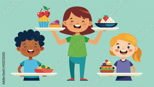 Smiling children balancing plates full of colorful snacks in their small hands carefully picking out each item to enjoy.. Vector illustration