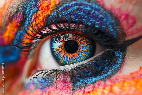 Vibrant Colorful Eye Closeup Macro Shot Artistic Makeup Fantasy Iris Blue Orange Red Abstract Eye Design Detailed Beauty Cosmetics Fashion Photography