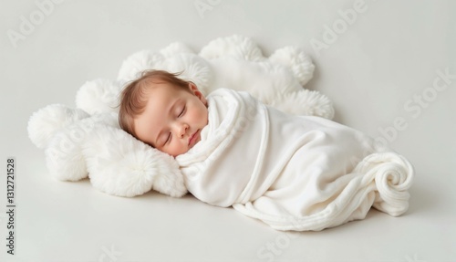 Sleeping baby wrapped in soft blanket on fluffy background
