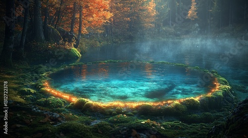 Mystical autumnal pool in enchanted forest photo