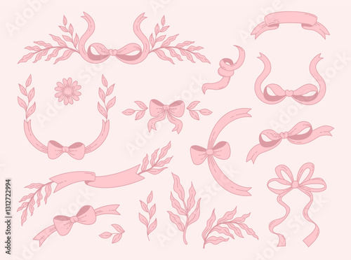 Vintage coquette aesthetic pink ribbon bow with plants set. Romantic girly vibe. Vector illustration. Isolated Trendy accessories elements on white background
