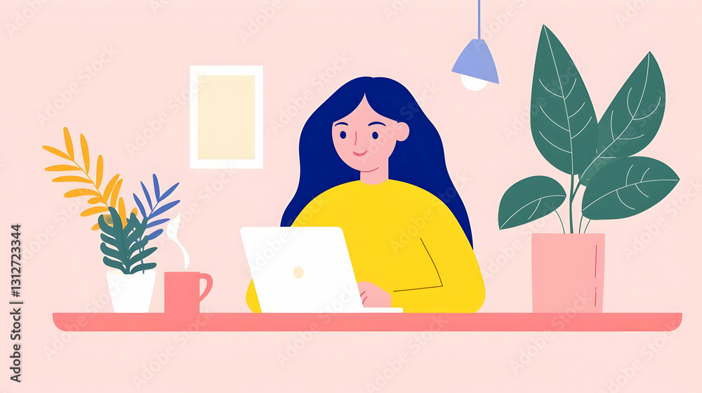 Obraz premium Young Woman Working on Laptop in Cozy Home Office Environment