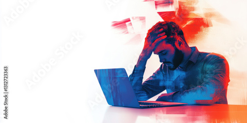 A tired male artist is holding his head, feeling stressed and burned out at work. He sits in front of a laptop reflecting tension and emotional exhaustion. The concept of burnout