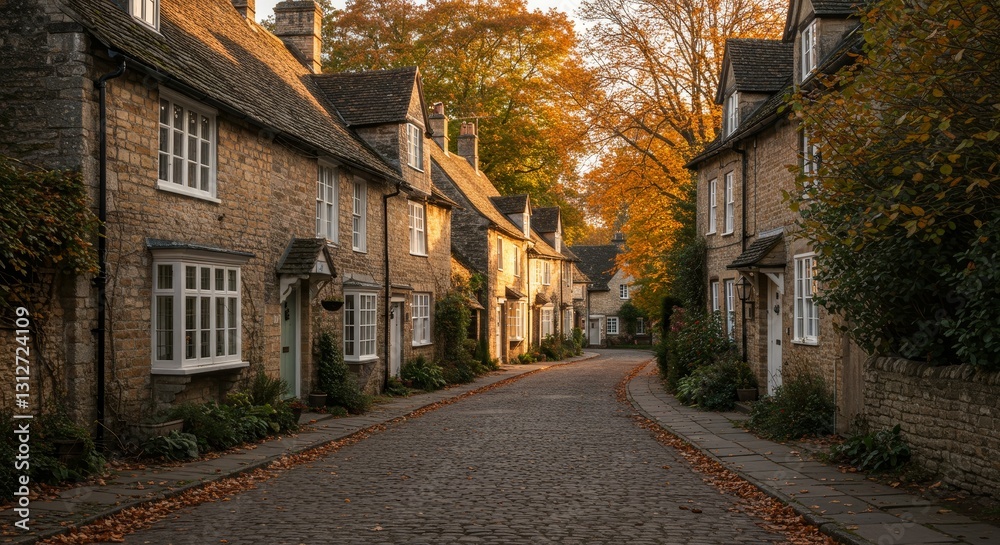 Autumnal Street Scene in a Quaint Village - Charming stone houses line a cobblestone street, bathed in the warm glow of autumn sunlight. Fallen leaves add to the picturesque scene Autumnal Street Scene in a Quaint Village - Charming stone houses line a cobblestone street, bathed in the warm glow of autumn sunlight. Fallen leaves add to the picturesque scene