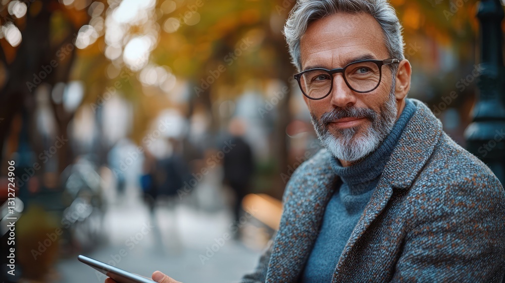 Mature man outdoors with tablet, autumn background Mature man outdoors with tablet, autumn background