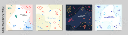 Vector illustration. Hand drawng memphis pattern elemetns and dotted lines. Doodle childish background. Design elements for web banner template, social media post Trendy abstract colorful style
