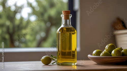 Focus on bottle of olive oil and olive bunch on counter in kitchen and nature background blurred. Leave blank.