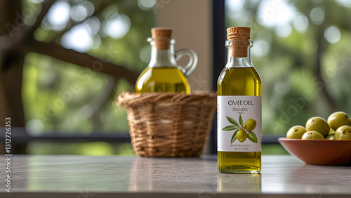 Focus on bottle of olive oil and olive bunch on counter in kitchen and nature background blurred. Leave blank.