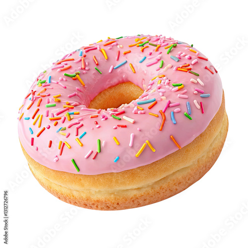 baked donut with pink frosting and colorful sprinkles isolated on transparent background