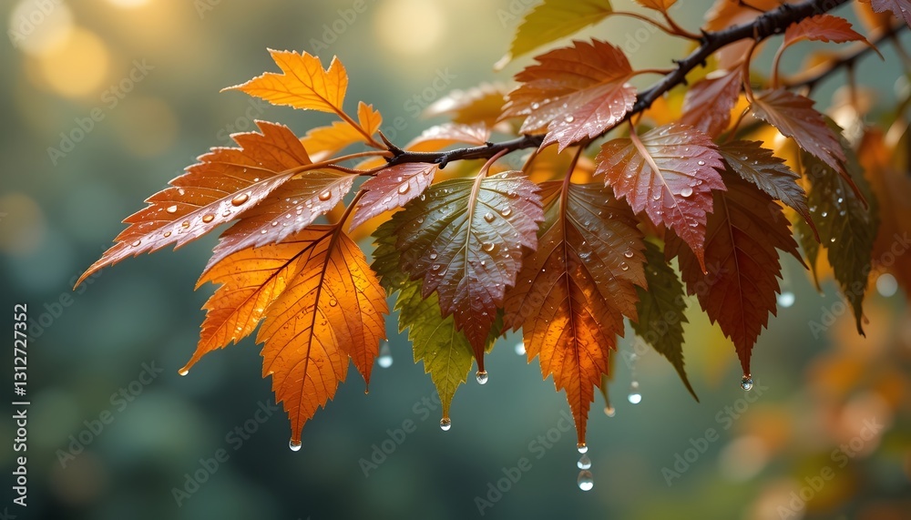 autumn leaves on a tree with drops dripping from it 4k, fall foliage with raindrops gently falling 4k, autumn tree with dewdrops on colorful leaves 4k, golden autumn leaves with water droplets 4k.
