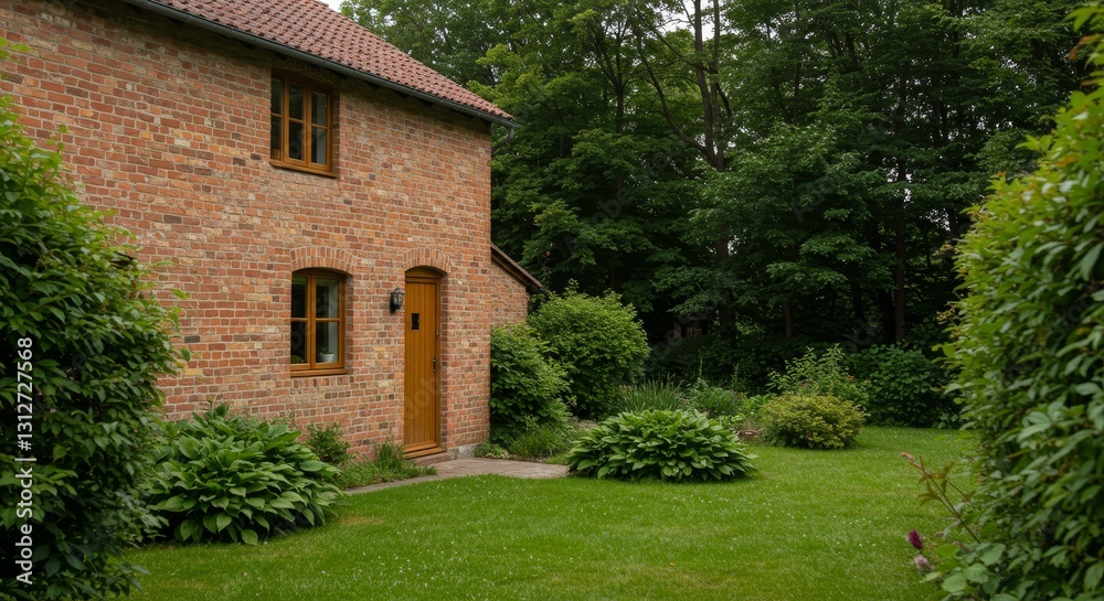 Fototapeta premium Charming Brick Cottage in Green Garden - Quaint brick cottage nestled in a lush green garden, offering a peaceful and idyllic setting