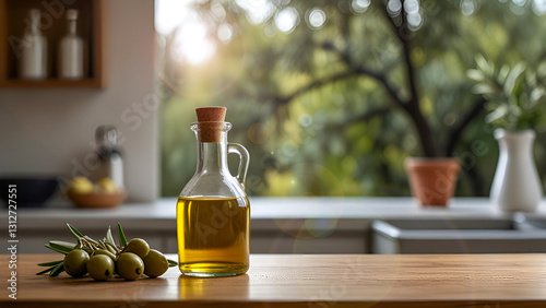Focus on bottle of olive oil and olive bunch on counter in kitchen and nature background blurred. Leave blank.